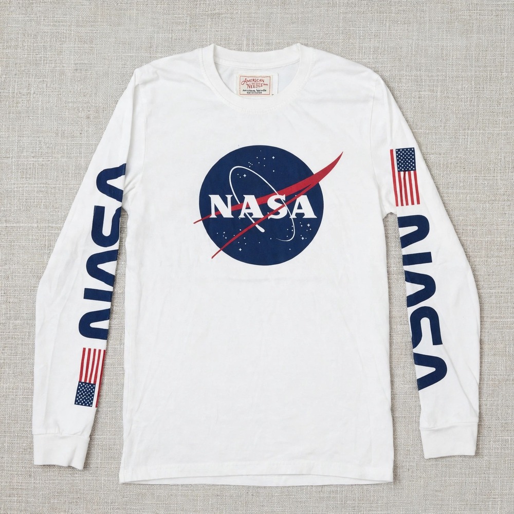 NASA Long Sleeve Tee American Needle White Meatball Logo Flag Sleeves Men's S